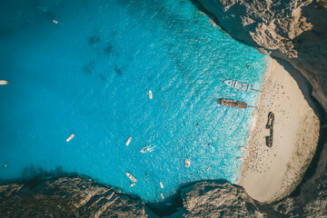Aerial Drone Shot of the famous Shipwreck Bay in Zakynthos, Greece