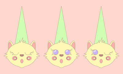 Funny faces of kittens in festive caps on a pink background