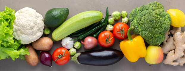 Fresh farm organic vegetables banner, healthy food concept, vegetables and superfood and green salad, top view, copy space