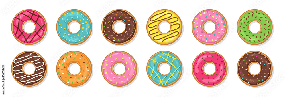 Wall mural donuts with glaze. sweet doughnuts. set glossy icing desserts isolated on white background. top view