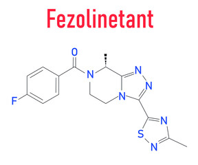 Fezolinetant drug molecule (NK3 receptor inhibitor) skeletal formula.