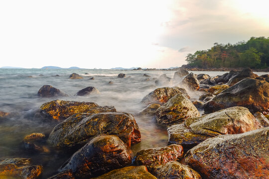 Stone stacked on rock beach at Laem Hua Mong - Kho Kwang Viewpoint in Chomphon province Thailand