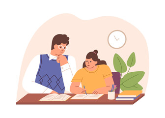 Parent helping child to do homework. Father and school kid sitting at desk and studying at home together. Dad supporting girl in learning. Colored flat vector illustration isolated on white background