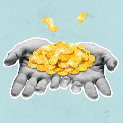 Contemporary art collage with male hands holding yellow coins isolated on blue background. Copyspace for ad, offer. Busieness, finance concept