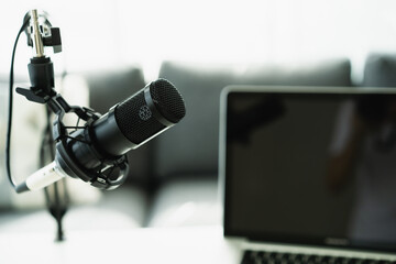 Professional condenser microphone on a microphone holder close up with copyspace.