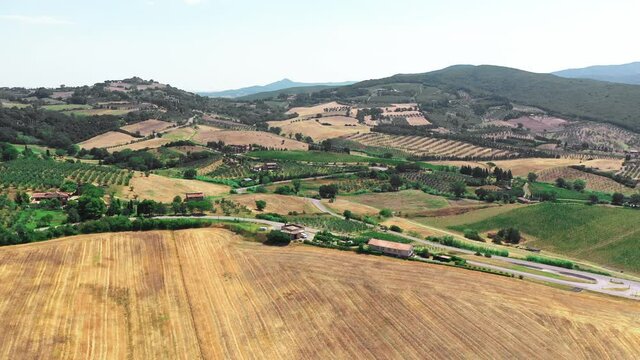Tuscan countryside shot with drone at summer time. Aerial view of amazing wheat field country in sunny weather, arid fields,green trees,olive trees 