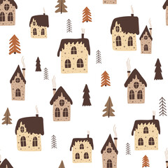 Fototapeta premium Christmas seamless pattern with doodle style houses