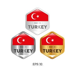 Made in Turkey Label, Stamp, Badge, or Logo. With The National Flag of Turkey. On platinum, gold, and silver colors. Premium and Luxury Emblem