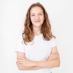 Cheerful happy teen girl in white t-shirt