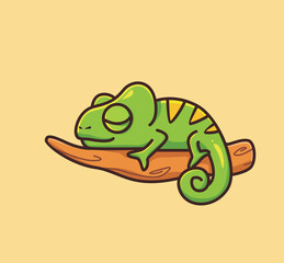 cute baby chameleon sleeping lazy on branch. cartoon animal nature concept Isolated illustration. Flat Style suitable for Sticker Icon Design Premium Logo vector. Mascot Character