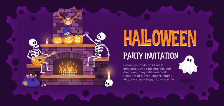 Halloween party ticket template. Skeletons and pumpkins are having fun by the fireplace. Vector illustration.