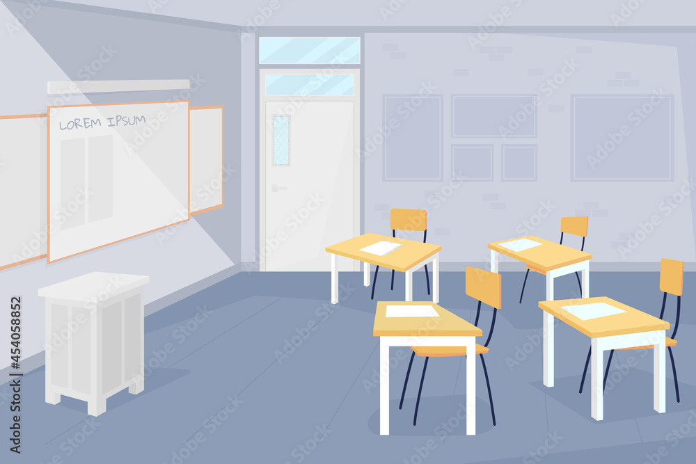 Poster empty classroom flat color vector illustration. coronavirus lockdown and quarantine. distant learnin