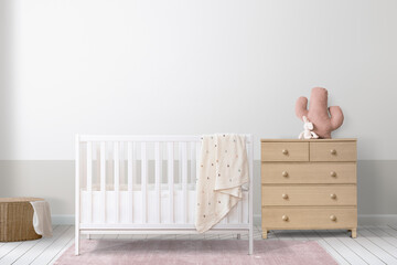 White crib in a minimal nursery room - obrazy, fototapety, plakaty