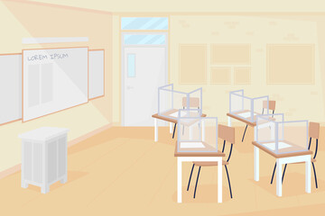 Empty class at school flat color vector illustration. Coronavirus precaution measure. School quarantine. Seats and desks with shield 2D cartoon interior with classroom on background