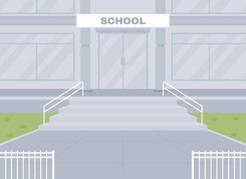 Empty School Entrance Flat Color Vector Illustration. School Building Facade 2D Cartoon Exterior With Entry On Background. No Students At Entrance. Coronavirus Precaution. Covid Quarantine.