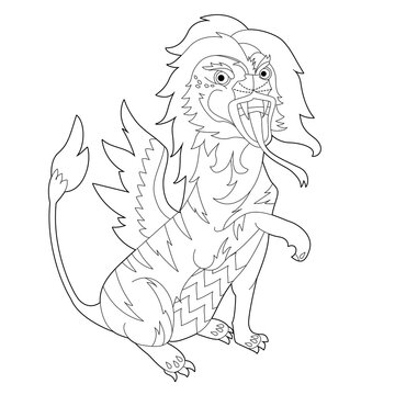 Fancy dragon on white background. Contour linear illustration for coloring book with fantasy reptile.  Anti stress picture. Line art design for adult or kids  in zentangle style and coloring page.
