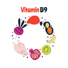 The main food sources of vitamin B9. Healthy food concept.