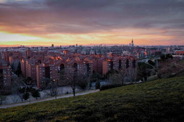 Fototapeta premium Sunset over the skyline of Madrid, Spain