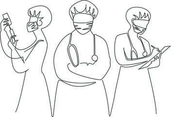 Doctors in personal protective equipment: suit, mask, gloves. Vector line art illustration isolated on a white background.