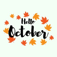 Vector illustration concept for Hello October greeting banner with autumn leaves.