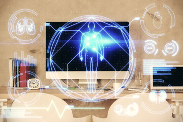 Double exposure of education theme drawing and office interior background. Concept of science.