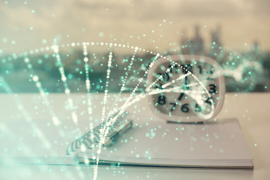 Double exposure of DNA drawing and desk with open notebook background. Concept of education