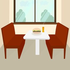 Fototapeta premium Vector banner with the interior of an American diner with a burger and a drink in a flat style. Fast food banner