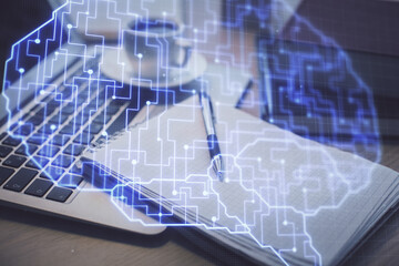Double exposure of brain drawing and desktop with coffee and items on table background. Concept of research.