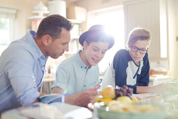 Teenage boys with father using laptop in dining room