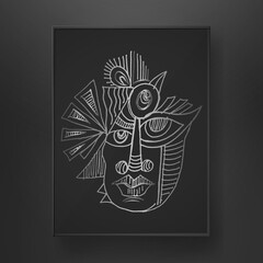 abstract face line art hand drawn on dark background