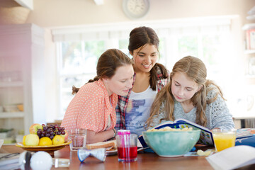 Teenage girls learning at table in kitchen
