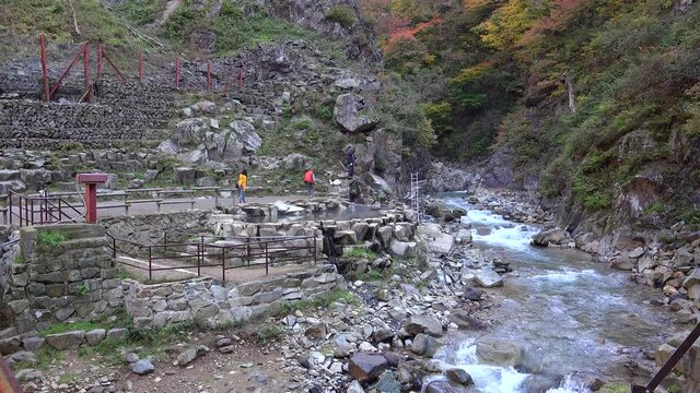 Hot pool in the Jigokudani Monkey Park by autumn.  Yamanouchi, Nagano Prefecture, Japan