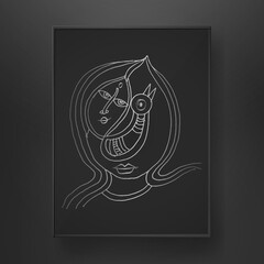 abstract women face with bird line  art hand drawn on dark background