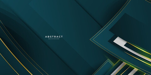 Abstract luxury geometric green background with gold lines background vector design template. Premium Graphic design element with golden frame
