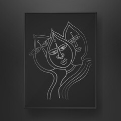 abstract triple women face line art hand drawn on dark background