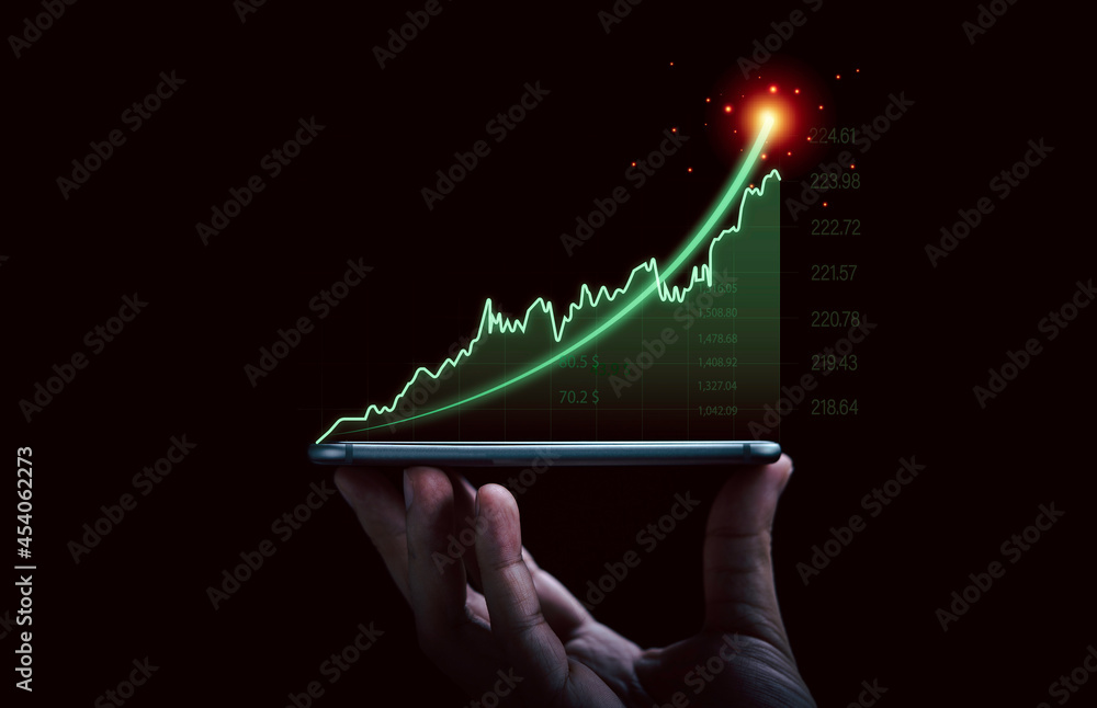 Poster businessman hand holding smartphone with increasing virtual investment graph and chart for stock mar