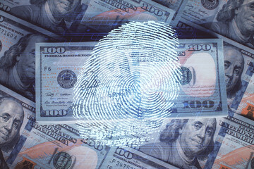 Double exposure of finger print scan drawing over usa dollars bill background. Concept of security of safe access.