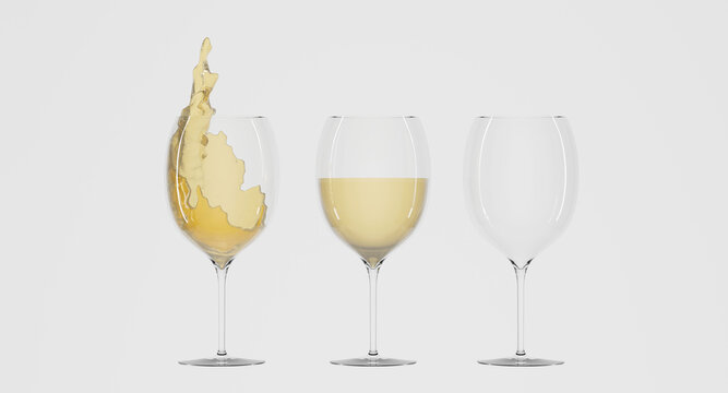 Wineglasses with white wine mockup. Empty, full, with splashes and droplets crystal glasses, clear cups with champagne or alcohol drink isolated on white background. Realistic illustration, 3d render