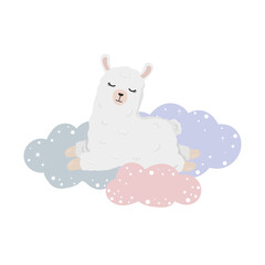 Illustration with sleeping alpaca (llama) on clouds in the sky. Illustration for posters, greeting cards, nursery decoration and baby t-shirts.