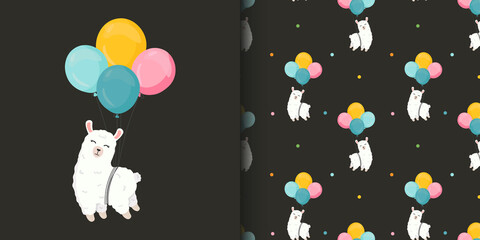 Seamless pattern and cartoon card  with cute alpaca (llama), balloons. Baby texture for fabric, wrapping, textile, wallpaper, clothing. Vector illustration. Happy Birthday © Alina