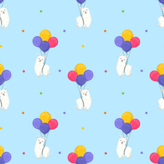 Seamless vector pattern with llama (alpaca) and balloons. Trendy baby texture for fabric, wallpaper, apparel, wrapping. Background for nursery. Happy Birthday