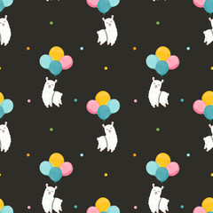 Obraz na płótnie Canvas Seamless vector pattern with llama (alpaca) and balloons. Trendy baby texture for fabric, wallpaper, apparel, wrapping. Background for nursery. Happy Birthday