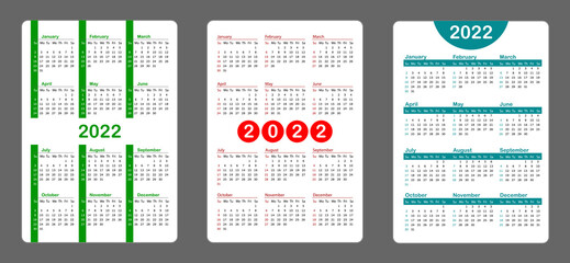 Set vertical Simple pocket calendar on 2022 year. Vector template calendar in English.
