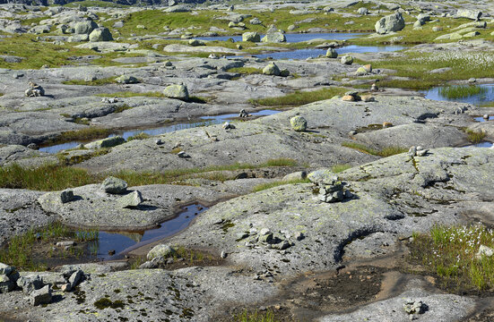 View of the rocky landscape not far from Lysebotn and Suleskart in Rogaland, Tjodanpollen, Norway as a background