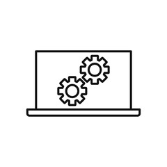 Laptop or pc with gear settings isolated vector icon. Construction concept.