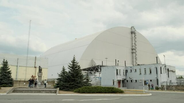 Reactor 4 at the Chernobyl nuclear power plant with a new sarcophagus. Safety arch of the destroyed reactor in the Chernobyl exclusion zone, Ukraine