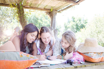 Three teenage girls reading magazine while lying in tree house in summer