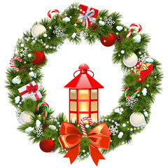 Vector Snowy Christmas Wreath with Lamp
