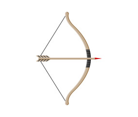 Bow with arrow. Weapon of archery. Wooden longbow with arrows for indian archer. Cartoon bow for medieval hunter. Icon or logo for ancient hunt isolated on white background. Shoot in bullseye. Vector
