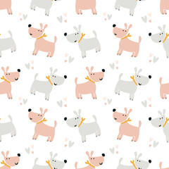 Obraz premium cute dogs pattern. Cute couple of loving dogs. Modern seamless baby print for printing on diapers, bedding, pajamas. Background for digital paper, scrapbooking. Vector illustration, doodle